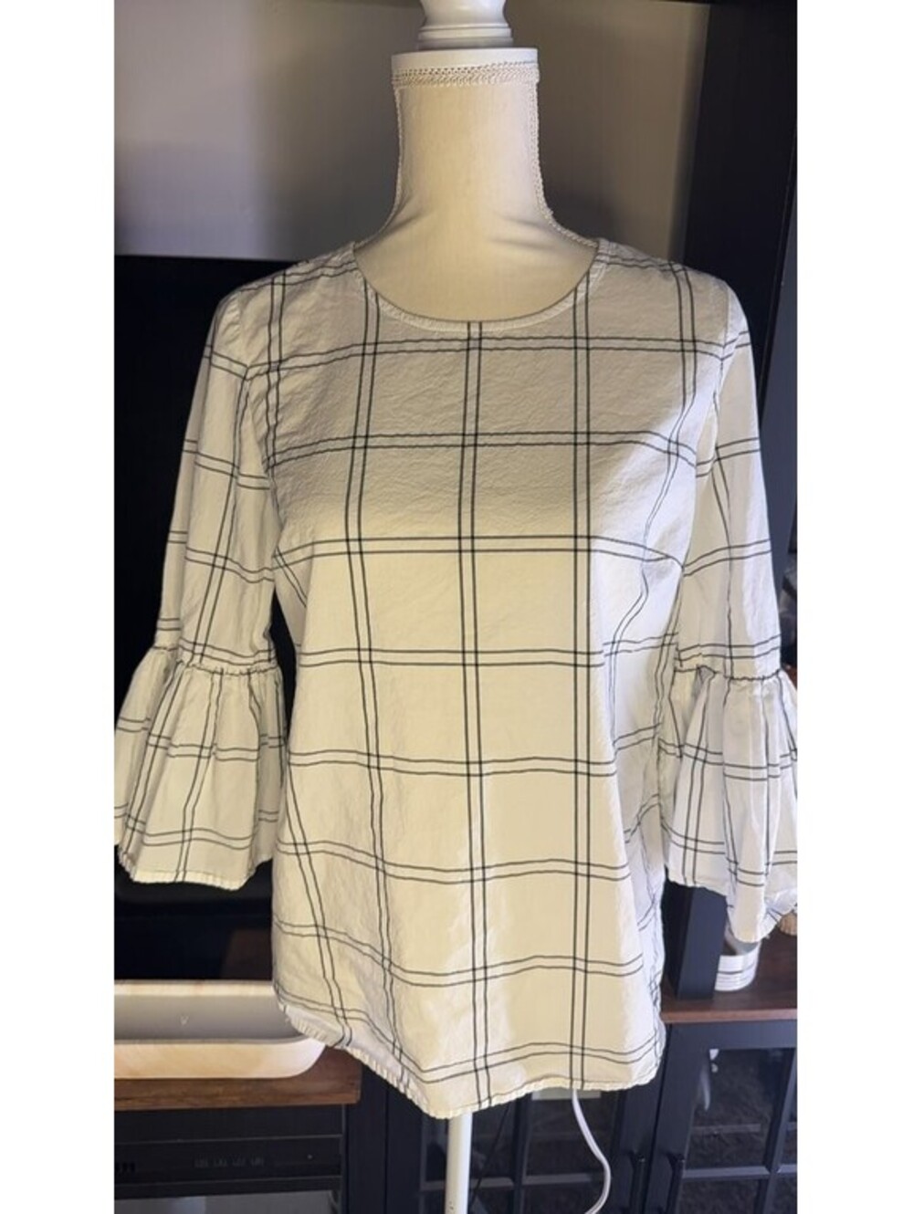 Calvin Klein Women's Checkered Blouse with Bell Sleeves